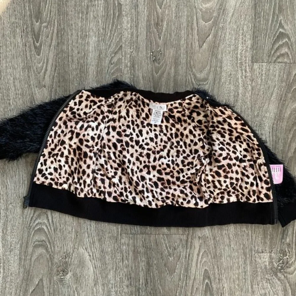 Little Mass Shaggy Stars Bomber Jacket Black Coat Leopard Lined‎ Made In USA NWT